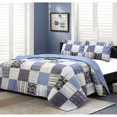 Denim Navy Blue Gold Patchwork Cotton Check Reversible Duvet Quilt Cover Set