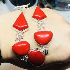 Pulseras Aretes Coral Piedras Preciosas Plata 925 Con Piedras Preciosas Y 925 Perlas