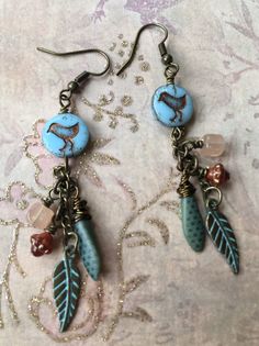 Unique Boho Dangles Long Gold Lotus Flower Charm Earrings with White Jade Stones /& Turquoise Czech Glass Rustic Zen OOAK Gift for Women