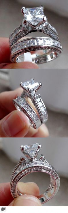 Sterling Silver Princess Cut Zircon Bague De Fiançailles Mariage Band Set Tailles 4-11