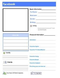 A Free Printable Facebook Page To Use On The First Day Of School Facebook Getting To Know You Activity Looks Fun Could Also Use This For Biographies In Social Stus