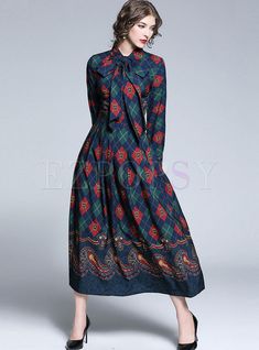 Occident Womens Pleated Animal Printed Highwaist Slim Long Dress Lapel Party New