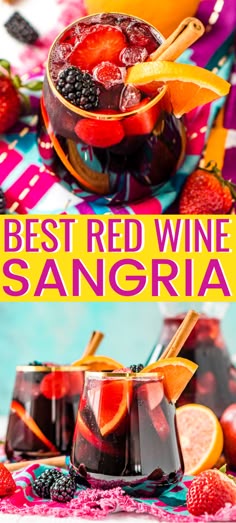 Red Wine Sangria isn’t overly sweet and is a delicious big batch cocktail the whole party will love! This Red Sangria Recipe is made with a mix of red wine, brandy, lemon-lime soda and loaded with oranges, apples, strawberries, and blackberries, plus a touch of cinnamon! #wine #redwine #sangria #redwnesangria #cocktail #alcoholic