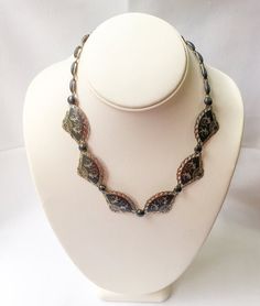 40 Length Antique Gold and Silver Tone Chain Chain and Beads Vintage Necklace Irridescent Beads Lariat Necklace