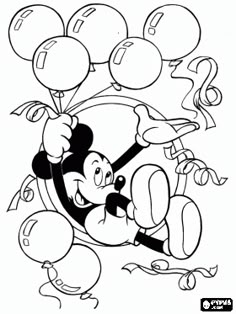 Mickey Mouse With Balloons And Streamers In Celebration Of New Years Eve Coloring Page