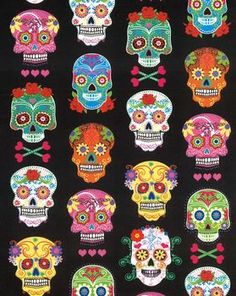 SKULLS SUGAR SKULLS DAY OF THE DEAD PACKED BLACK COTTON FABRIC FQ