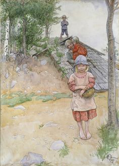 Girl by a Flowering Hawthorn Bush by Carl Larsson Paper Print Repro