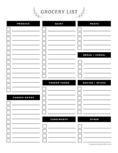 grocery shopping list template