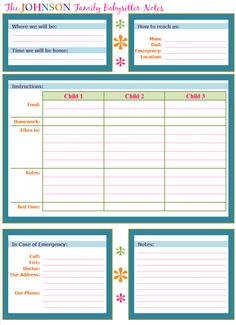 babysitter info sheet template