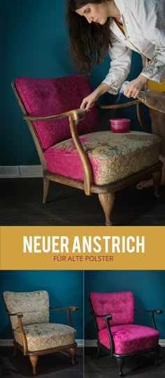 Neuer Anstrich für alte Polster - Neuer Look für den Sessel mit Acrylfarbe, Möbel anstreichen, DIY,Chippendale-Sessel, Restauration, Stoff bemalen, via Art & Almonds Upcycled Home Decor, Repurposed Furniture, Upcycled Furniture, Diy Furniture, Diy Möbel, Recycled Furniture, Furniture Diy, Upholstery Diy, Paint Upholstery