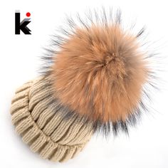 2017 womens Winter Skullies fashion beanie knitted wool hat beanies cap big natural Raccoon Fur Hats for women bonnet