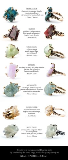 Crystal Band Ring Buying Guide: Crysocolla, Garnet, Green Giade, Kunzite, Aquamarine, Smoky Quartz, Moon Stone | Create your jewelry for spiritual Healing by combining these Stone rings accordingly with the meaning of Gemstones | Stay focus on your purposes and reach your goals faster by wearing positive energy jewelry. Crystal Healing Stones, Crystal Gems, Crystals And Gemstones, Healing Stones Jewelry, Spiritual Jewelry, Crystal Rings, Natural Stone Jewelry Diy, Natural Stone Rings Gemstone, Diy Stone Rings