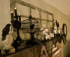 fake hawks feature scary halloween mantel decorations and black candle holders and halloween decor ideas - Halloween Mantel Ideas fake hawks feature scary halloween mantel decorations and black candle holders and halloween decor ideas - Halloween Mantel Ideas