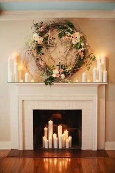 Love the mirror reflecting the candlelight (from Faded Bluebird at Home ) | Turtle Sands Inspiration | Pinterest | Faux fireplace Living rooms and Mantle