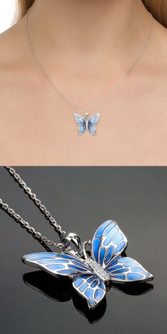 925 Sterling Silver Yellow Rose White Gold Plated Butterfly Cable Necklace 18