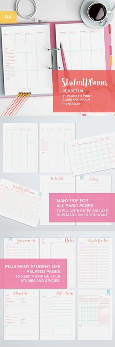 Printable student planner perpetual, with no dates! Get your studies straight and organized for the next semester! This planner is A4 sized, if you need the LETTER version check it here: https://www.etsy.com/listing/549659725/ * THIS PURCHASE IS FOR A INSTANT DIGITAL DOWNLOAD. NO PHYSICAL ITEM WILL BE SENT* The files are A4 sized PDF and as such youll ned a pdf reader such as adobe acrobat reader to open them. *****Whats inside?****** # empty monthly calendar ... Life Planner, Student Planner Printable, Student Planner, College Planner, School Planner