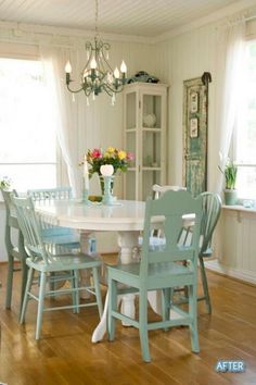 Farmhouse Dining Chairs set of four mixed vintage farm chairs Painted Aubusson Blue Dining Kitchen Rustic SOLD