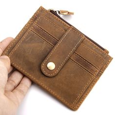 Trifold Genuine Leather Brown Plain Compact Wallet With Zipper Currency Pocket