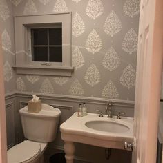 A Gray And White Bathroom That Was Painted With The Sari Paisley Wall Stencil From Cutting A Gray And White Bathroom That Was Painted With The Sari Paisley Wall Stencil From Cutting