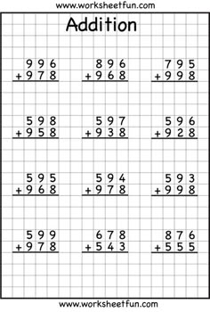 addition with regrouping worksheets...I LOVE that they are on grid paper. This really helps kids keep everything in line!!! Great for review and is available at different grade level abilities! Addition With Regrouping Worksheets, Subtraction With Regrouping Worksheets, Addition Worksheets, Addition And Subtraction Worksheets, Grade 3 Math, Math Addition Worksheets, Subtraction Worksheets, Math Sheets