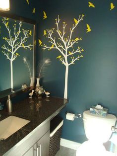 Cute Striped Wall In A Bird Themed Bathroom Remodelaholic The Kind Of Tree I Want Painted In Bird Themed Bathroom Except Teal