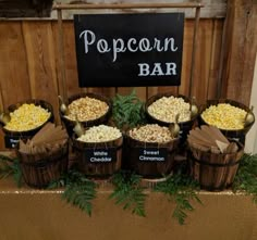 A nice one we saw on the sweet buffet lady rentals site! Visit our site at www.PopcornDUDE.com for bulk flavored Popcorn! #wedding Party Food Bar, Popcorn Wedding, Graduation Party Foods, Brunch Bar, Party Food, Popcorn Buffet, Popcorn Bar, Wedding Buffet, Wedding Catering