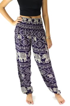 Lightweight Summer Wide Leg Harem Genie Trousers Beach Yoga Travel Festival Holiday Navy Blue Boho Elephant Drawstring Waist Hippie Pants