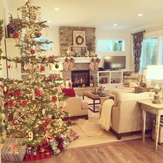 christmas interiors farmhouse modern tree decor room decorating interior concept open decorations fireplace discover country