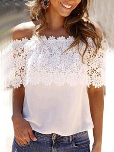 stretch Lace Blume Spitze kurzärmelig Bluse rundhals Oberteil locker T-Shirt