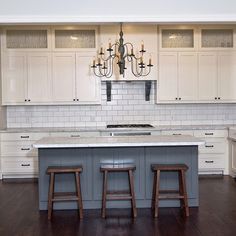 White Kitchen Grey Island grey wood floor, detail tile backsplash, stainless steelestess White Kitchen Grey Island grey wood floor, detail tile backsplash, stainless steelestess