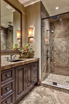 Mosaic tile border and black framed mirror with the gray blue walls ... Mosaic tile border and black framed mirror with the gray blue walls ...