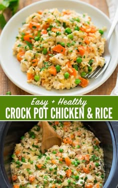 Easy Cheesy Crock Pot Chicken and Rice Casserole. Simple and SO yummy! One of our favorite healthy crockpot meals. Juicy chicken, fresh veggies, and brown rice cooked together in a simple creamy sauce. This easy slow cooker meal is made with real ingredients (no cream of mushroom or cream of anything soup!), gluten free, and freezer friendly. Even kids love it! #wellplated #crockpot #slowcooker #chickenandrice #healthy via @wellplated
