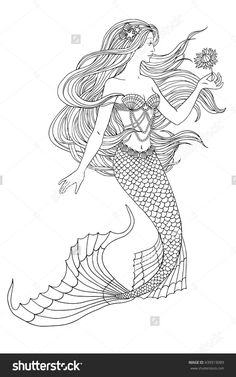 Hand Drawn Mermaid Holding A Flower On White Background Linen Vector Illustration For Coloring Book