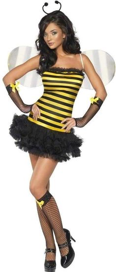 4 Piece Bumble Bee Bug Hen Fancy Dress Tutu Costume Wings Stocking Size 8-10 S