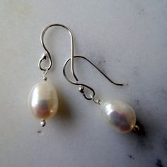 Pearl Drop Earrings White Wedding White Pearl Drop Earrings Large Freshwater Cultured Baroque Pearls Hand Forged 925 Sterling Silver June Birthstone Limited Edition Bridal