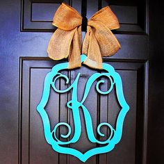 custom monogram door wreath burlap bow by knittybittyapparel monogram letter door hanger