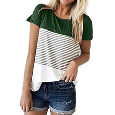 haoricu Womens Short Sleeve Leopard Color Block Tunic Comfy Stripe Crewneck T Shirt Top