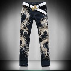 Mens Wolf Printed Jeans Men Slim Straight Black Stretch Jeans