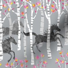 Painted Horse Tail Brights on Black By The yard x 43 inches cotton fabric