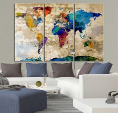 17 Best Large Wall Art World Map Canvas Print Images On Pinterest Canvas Art Print Watercolor World Map Contemporary 3 Panel Triptych Colorful Abstract Rainbow Colors Large Wall