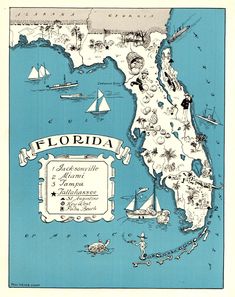 Florida Pictorial Map Fishing Chart Home School Office Wall Art Poster History