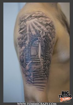 black ink shaded heaven gates tattoo half sleeve for men black ink shaded heaven gates tattoo half sleeve for men