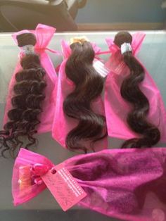 Kybele Hair Extensions 3x4 Inch Hang Tag With Silver Foil Sheer Fabric Bag Hot Pink Color And Logo Designed On A Small Customized Hang