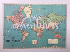 world map vintage style map screen printed map lets be adventurers