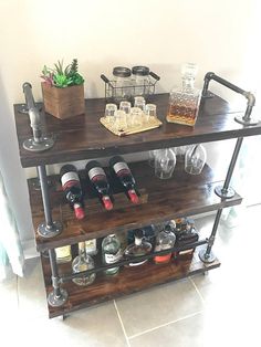 Rustic Bar Cart Pipe Wood Unique Bars Whiskey Bar Cart
