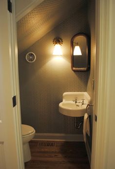 Downstairs Bathroom, Bathroom Under Stairs, Understairs Toilet, Downstairs Toilet, Basement Bathroom, Tiny Bathrooms, Corner Sink, Bathroom Sink, Small Attic Bathroom