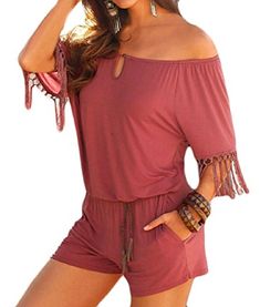 Pandapang Womens Fashion Playsuit Flower 3//4 Sleeve Tassel V-Neck Short Jumpsuits Rompers