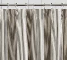 A Wide Hem Of Ruffles Adds Hint Elegance To Casual Ticking Stripes On This Pure Cotton Shower Curtain