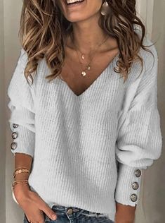 Loose Fashion Pure V neck Long sleeve Knit Sweaters - Cicicloth