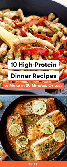 These high-protein dinner ideas are healthy and easy to make! Try the skillet chicken fajitas that you can keep low carb by adding it to a salad, or boost protein with whole wheat tortillas! Same for this delicious, tangy salmon piccata, but swap for a bed of brown rice. Fitness, Protein Dinner Recipes, High Protein Recipes Dinner, High Protein Dinner, Low Carb Meals Easy